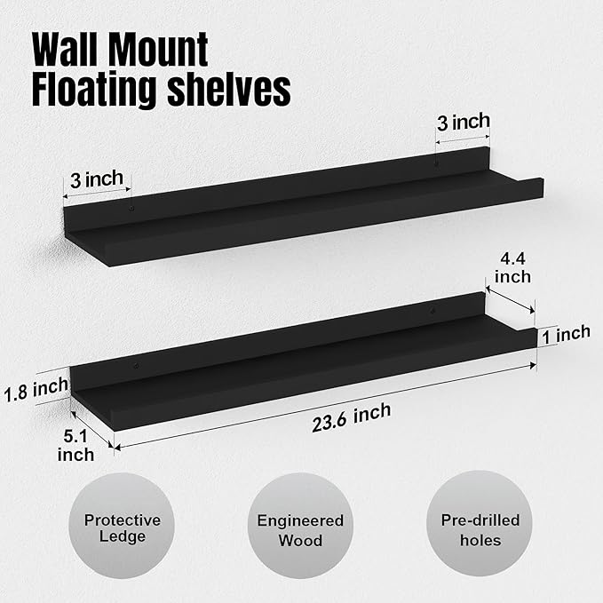 Long Floating Shelves, 2 Set Modern Black Wall Shelf for Bedroom, Nursery Book Shelf with Lip, Picture Ledge Shelf for Living Room Bathroom Kitchen - Black, 23.6 In