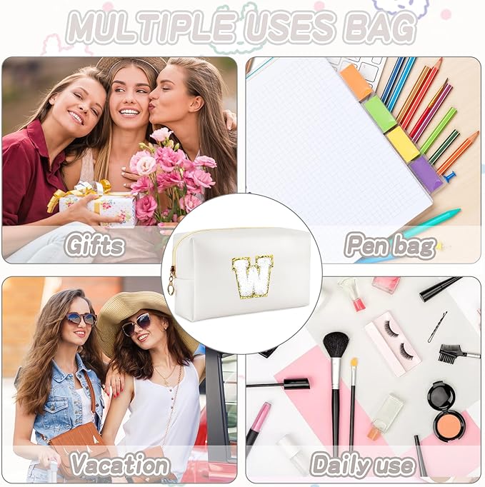 Gifts for Girls Initial Makeup Bag Personalized Cosmetic Bag with Zipper Cute Travel Toiletry Bags Waterproof PU Preppy Makeup Pouch Birthday Gift for Teen Girls Women(White W)
