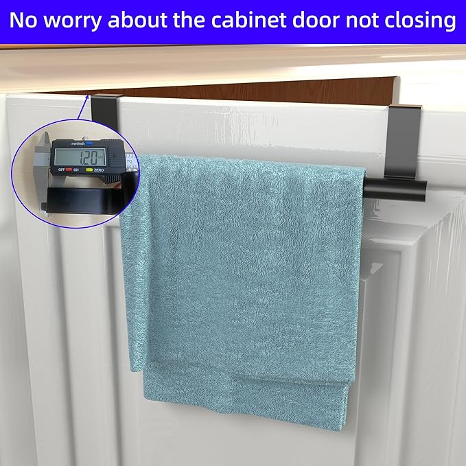 Qflushor Cabinet Door Towel Holder, Over Cabinet Towel Bar, Stainless Steel Dish Towel Holder for Cabinet Door Kicthen Towel Rack, Matte Black 2 Pack