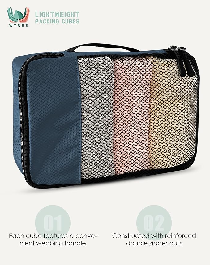 4-Piece Packing Cubes Travel Accessories Set for Suitcases - Luggage Organizer Bags with Double Zipper - Mesh Top - Medium - Dark Blue