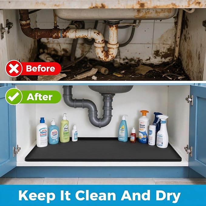 URMONA 16'' x 10'' Waterproof Silicone Under Sink Mat Cabinet and Counter Protector, Shelf Liner for Kitchen and Bathroom, Storage and Organizers, Litter Mat, Pet Cat Puppy Essentials（Light Cream）