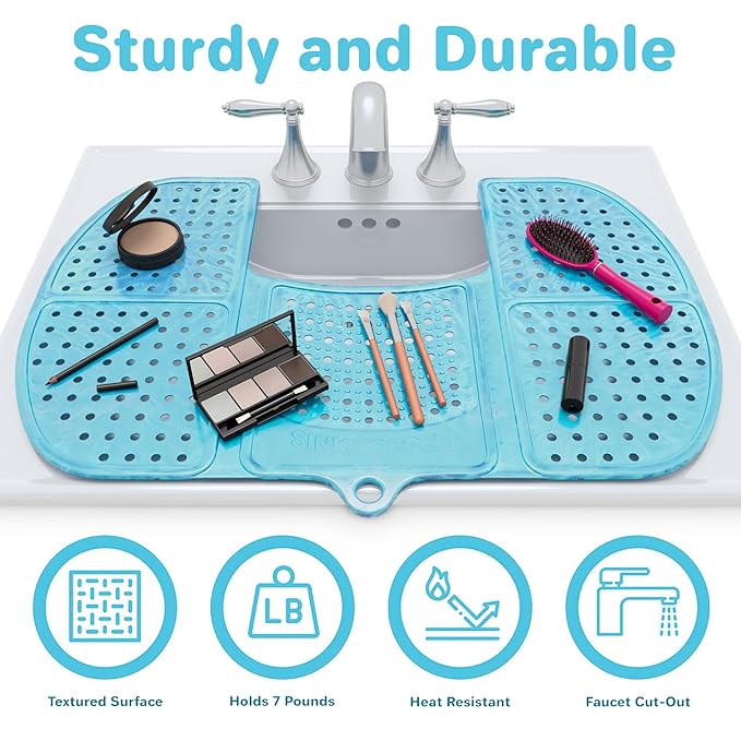 Sink Topper Bathroom Counter Cover & Storage Saver, Foldable Silicone Mat for Hot Tools, Hair Styling & Makeup, Beauty Brush Cleaning Mat, RV Camper Sink Cover & for Small Spaces (Large Pacific Blue)
