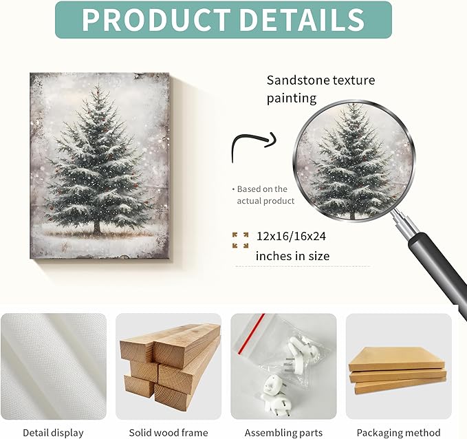 Vintage Christmas Wall Art Framed - Pine Tree Pictures Wall Decor, Winter Navidad Painting Decorations for Home Indoor, Rustic Christmas Canvas Prints, Nostalgic Navidad Decorations 16x124 Inch