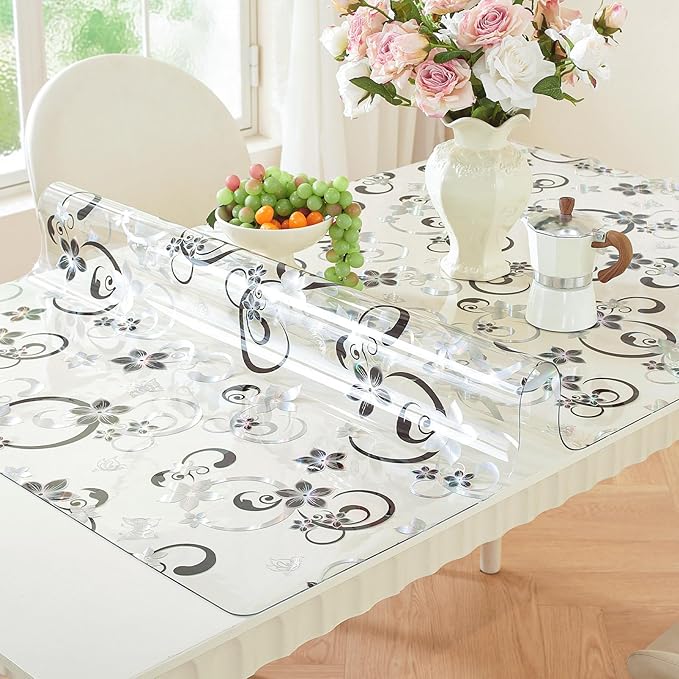 LovePads Floral Clear Table Cover Protector - 42 x 60 Inch Thick Plastic Table Cloth, Waterproof PVC Desk Mat for Dining Room Table, Wood Furniture Topper, Anti-Scratch Desk Pad for Kids Writing,