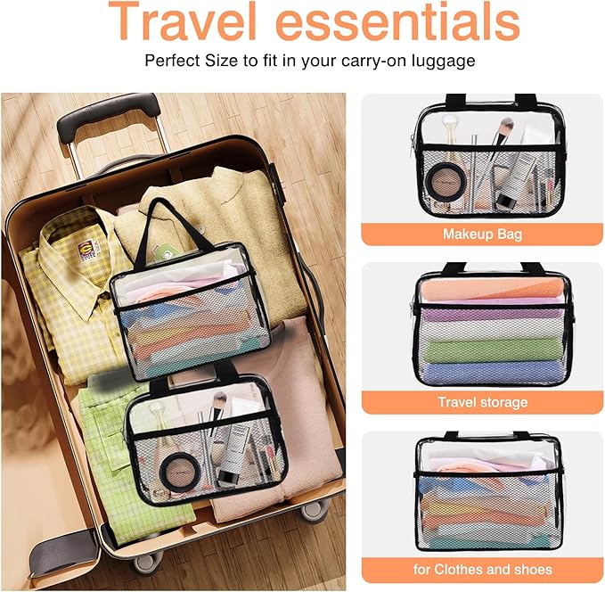 XEWEA 2PCS Large TSA Approved Clear Travel Toiletry Bags for Men Women, Transparent Makeup Cosmetic Bag with Handle,Waterproof PVC Quart Organizer Storage Pouch for Toiletries Airline Essential, Balck