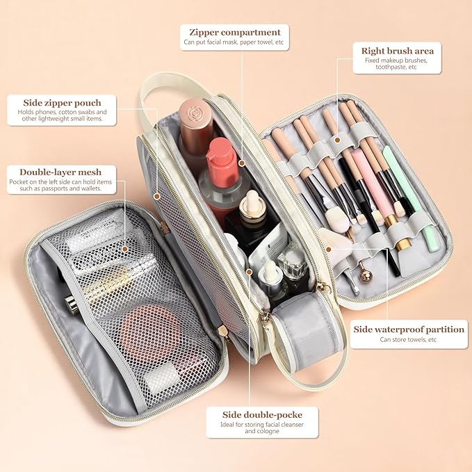 Travel Toiletry Bag for Women, Toiletry Bags for Traveling Women's Leather, Compartments Make Up Bags for Women, Cosmetic Pouch Organizer, White- R