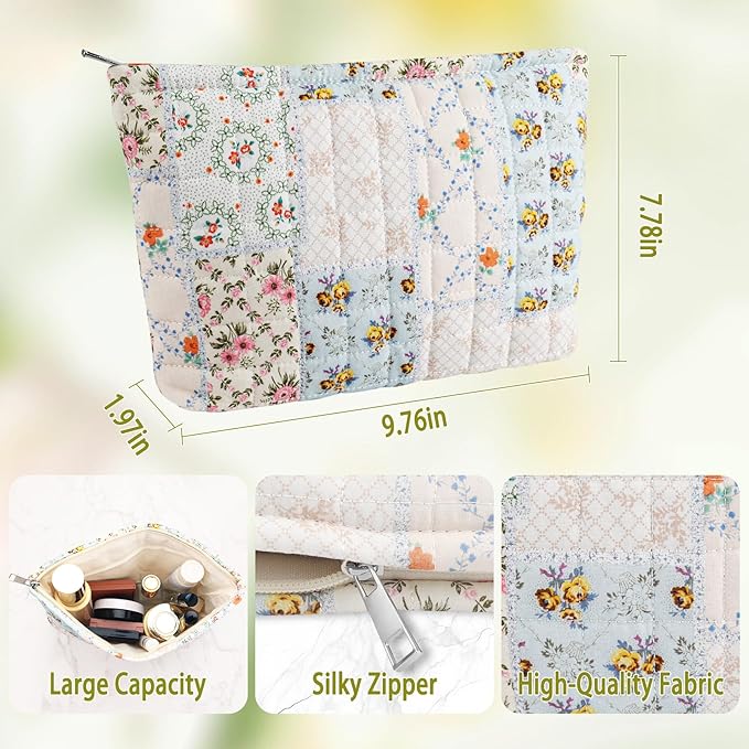 ZLFSRQ Cotton Quilted Makeup Bag for Women Floral Makeup Bag Cute Cosmetic Bags Large Travel Toiletry Bags Zipper Cosmetic Pouch for Purse Gift Portable Aesthetic Skincare Storage Organizer Pouches