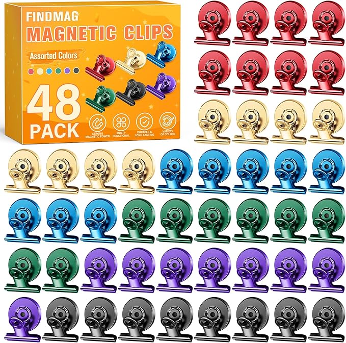 FINDMAG 48 Pack Magnetic Clips for Photo AND Picture Display, Strong Scratch-Free Refrigerator Magnets, Heavy Duty Clips for Picture Hanging, Whiteboard, Kitchen, Office, School Use.