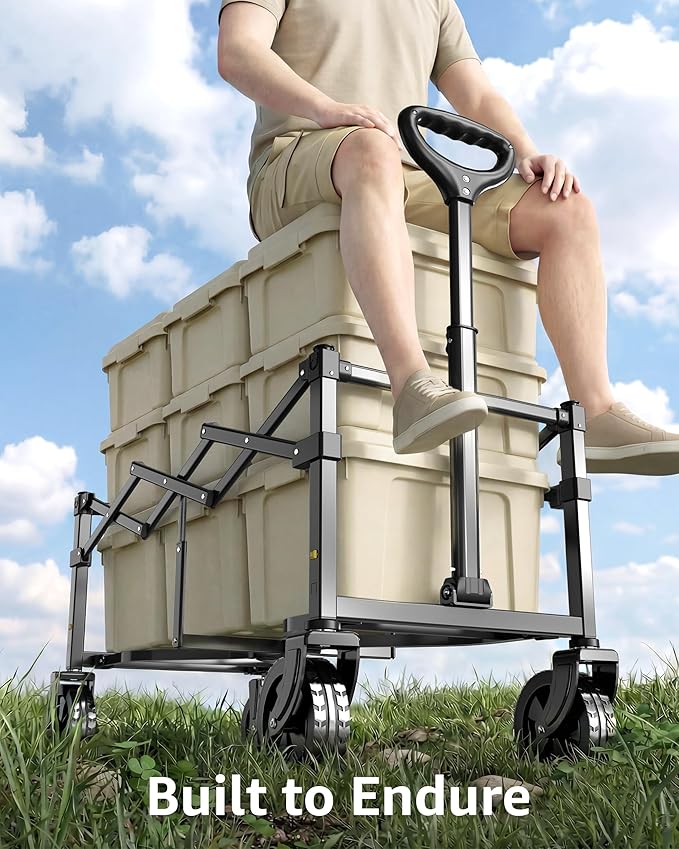 Collapsible Wagon Cart with Wheels - 300LBS Heavy Duty Folding Wagon for Groceries Shopping Outdoor Apartment Portable Foldable Utility Grocery Trolley, Black, XL