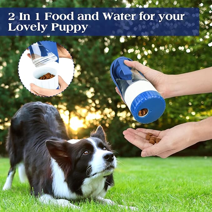 Upgraded Dog Water Bottle, Portable Dog Cat Puppy Pet Water Dispenser Feeder with Drinking Cup and Food Container Leak Proof for Outdoor Walking, Travel, Hiking 12OZ Blue