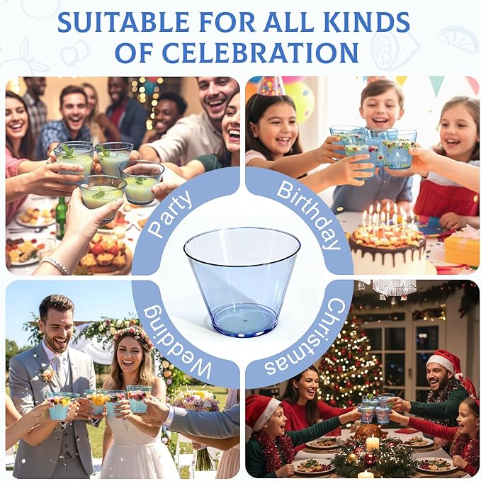 9 oz Clear Plastic Cups Blue Plastic Disposable Cups for Cocktail 150 Pack Fancy Cocktail Cup for Party Stemless Wine Glasses for Party Wedding Graduation Birthday