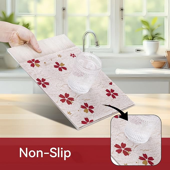FIFTY FEET 12"x120" Non-Adhesive Shelf Liner for Kitchen Cabinets and Drawers, Washable Non-Slip PVC Cabinet Liner (Red Floral)(1 Roll)