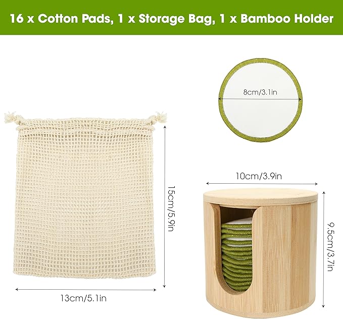 16PCS Reusable Cotton Pads Makeup Remover Face Cotton, Bamboo Storage Box Soft Facial Round, Washable Laundry Zero Waste Cleansing Wipes Storage Bamboo Box Bag Holder for Skin Care Gifts Exfoliating