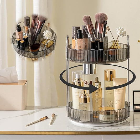 Rotating Makeup Organizer for Vanity, High-Capacity Skincare Clear Makeup Storage Perfume Organizers Cosmetic Dresser Organizer Countertop 360 Spinning (Gray, New-2 Tier)