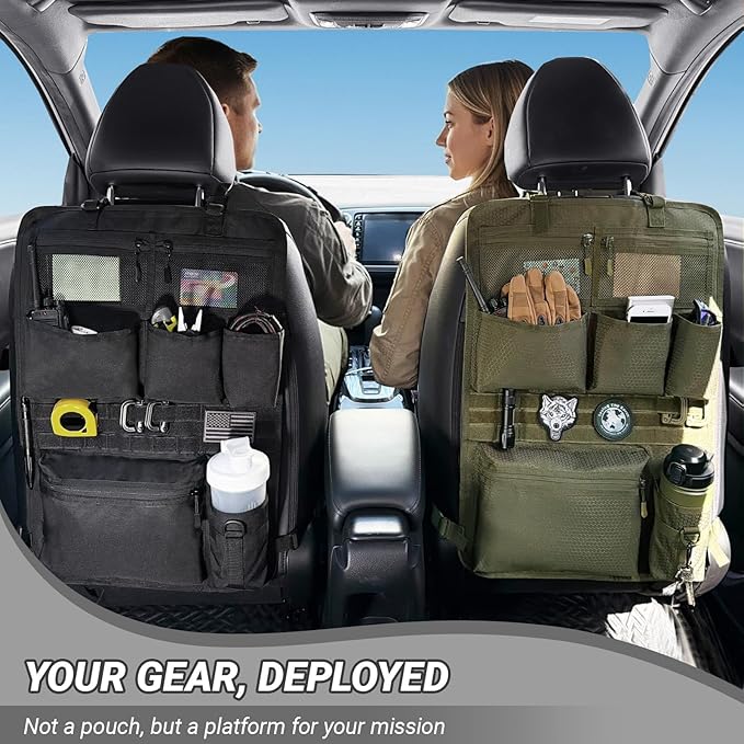 Tactical Car Seat Organizer with Multiple Pockets, MOLLE Panel System & Mesh Compartments, Durable Nylon Universal Vehicle Backseat Storage with Cup Holder, Water-Resistant (Black)
