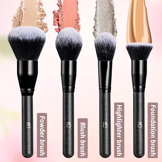 BS-MALL Soft Professional Makeup Brush Set - 4 Pcs Travel-friendly Brushes Including Foundation Brush for Liquid Makeup, Powder Brush & Blush Brush,Daily use (All Black)