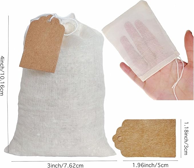 100Pcs 3 x 4 Inch Muslin Cotton Drawstring bags and Gift Tags Reusable Tea Bags,Produce Bags, Cooking Soup, Jewelry Pouch for Party Wedding Home Storage