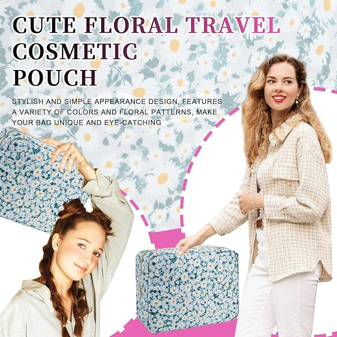 Waterproof Nylon Large Makeup Bag Travel Pouch, Floral Preppy Big Cosmetic Bag Make Up Organizer Toiletry Bag with Zipper, Large Capacity Cute Zipper Pouch Storage Bag for Women Girls(Green Daisy)