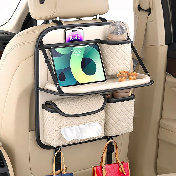 Leather Car Backseat Organizer with Foldable Table Tray - Cup/Tissue/Tablet Holder, Car Seat Back Storage Organizer, Road Trip Essentials for Adults & Kids (white)