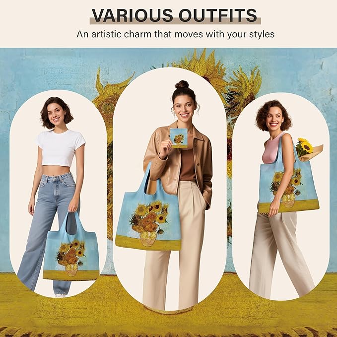 Reusable Grocery Bags, Oil Painting Art Tote Bags With Carry Pouch Waterproof Shopping Bags for Travel Daily Use