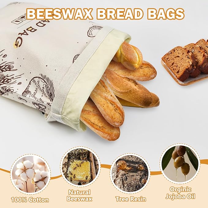 Beeswax Bread Bags for Homemade Bread, 2-Pack Reusable Sourdough Bread Storage Bags - 13x17 Inch Eco-Friendly Food Wrap, Linen Bread Bag Alternative, Beeswax Food Storage