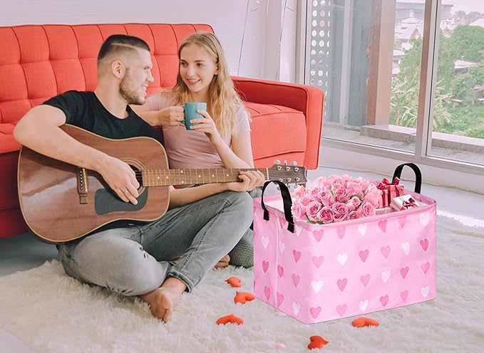 Rec Pink Heart Print Box Hamper Storage Basket Collapsible Organizer Bin Gift Shelf Baskets for Home and Kitchen Storage
