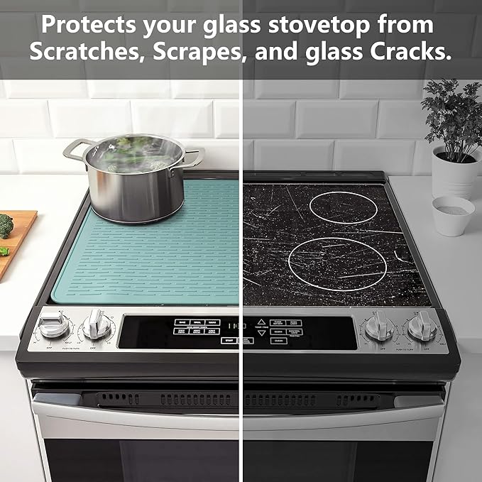 YUHFERA Stove Top Cover for Electric Stove - Silicone Stove Mat for Glass Top, Glass Cooktop Protector, XL Dish Drying Mats for Kitchen,Oven Covers for Electric Stove (Aqua,30 x 21)