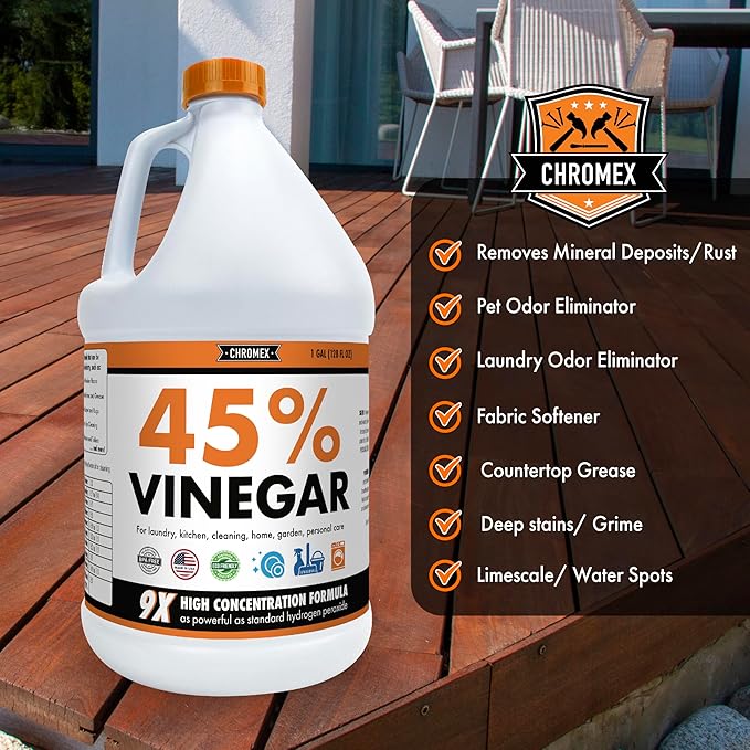 Chromex 45% Ultra Concentrated Vinegar - Dilutes to 9 Gallons - 9x Strength Multi-Purpose Cleaning, Deodorizing, Laundry, Gardening, Descaling, and Drain Cleaning Solution - 1 Gallon