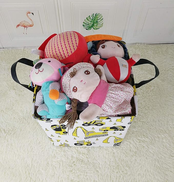 KUNRO Square Storage Basket Gift Shelf Basket Storage Bin, Nursery Basket Organizer Box for With Handles for Room Deco (Excavator)