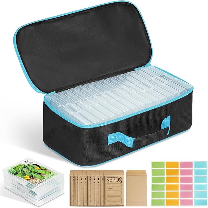 FACULX 15 Slots Seed Storage Organizer Box with 20 Seed Envelopes, Large Capacity Seeds Storage Container with Zipper Bag Label Stickers, Seeds Saving Container for Garden Vegetable and Flower (Blue)