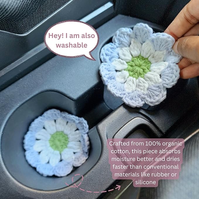 Cotton Car Coasters 2pc Car Cup Coasters Cute car Accessories for Women car Coaster for Cup Holders (Misty Bloom)