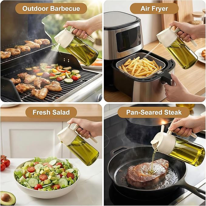 Poshetion 2 in 1 Olive Oil Sprayer for Cooking, 16oz Light-Proof Oil Dispenser for Kitchen, Leak-Proof Oil Spray Bottle for Air Fryer, Salad, BBQ, Baking, Grilling - White