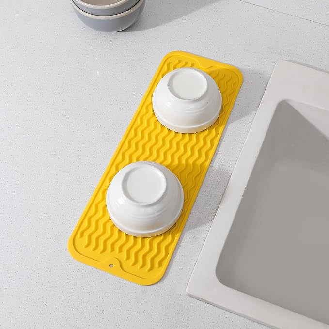 MicoYang Silicone Dish Drying Mat for Multiple Usage,Easy clean,Eco-friendly,Heat-resistant Silicone Mat for Kitchen Counter,Sink,Bar,Bottle,or Cup Yellow M 17 inches x 6 inches