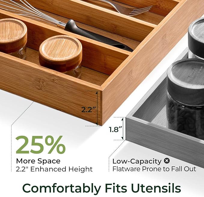 keechee Carbonized Bamboo Kitchen Drawer Organizer, 8 Slots Silverware Organizer, Utensil Holder & Cutlery Tray, 2.2" Deep for Extra Capacity, Non-Slip Feet Included