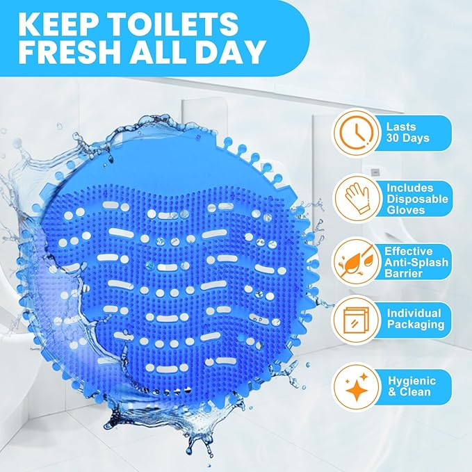 32 Pack Urinal Deodorizer Screen with 100 Gloves, 3D Wave Anti-Splash Odor Protection Urinal Cakes for Men Toilets Dry Wet Urinal Deodorant Bathroom Office Mall Hotel Four Scents Urinal Mats