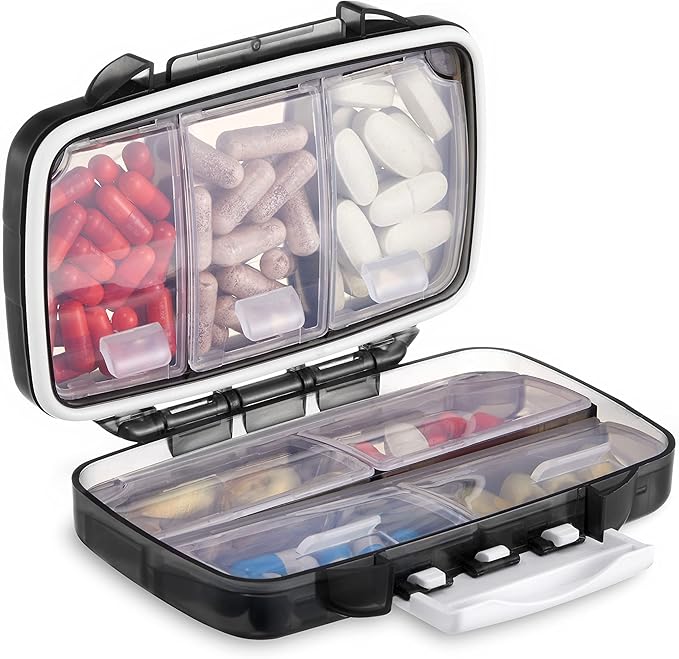 Fullicon Portable Pill Organizer Weekly, Small Travel Pill Case with 7 Compartment, Moistureproof and Airtight Pill Box, Travel Pill Holder for Vitamins/Fish Oils/Supplements