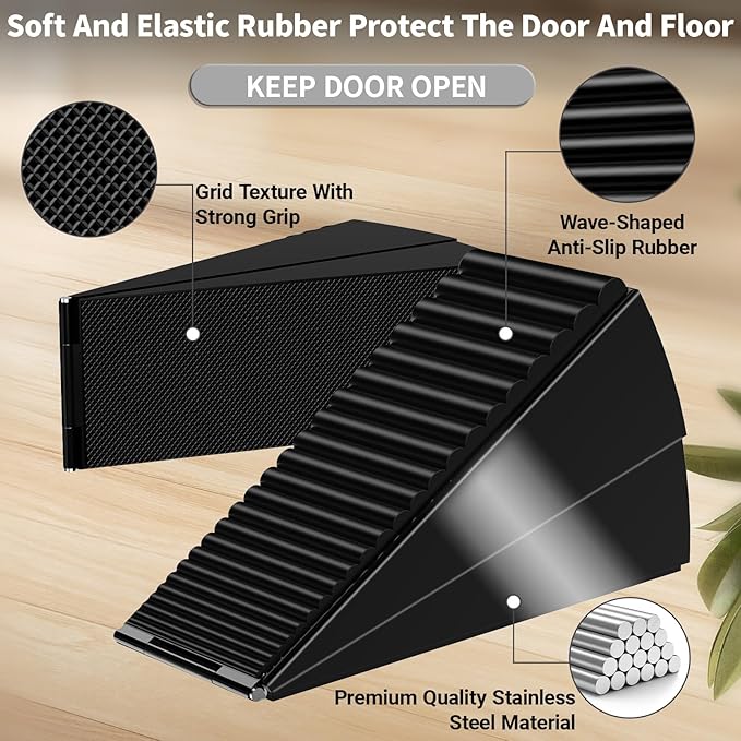 ZDZQJIA Heavy Duty Door Stoppers for Bottom of Door - Adjustable Spring Large Door Stop Wedge, Anti-Slip Rubber Grip,3" High Metal Doorstop Suits Carpet,Tile,Commercial,Home-Black2Pc+2 Wall Protectors