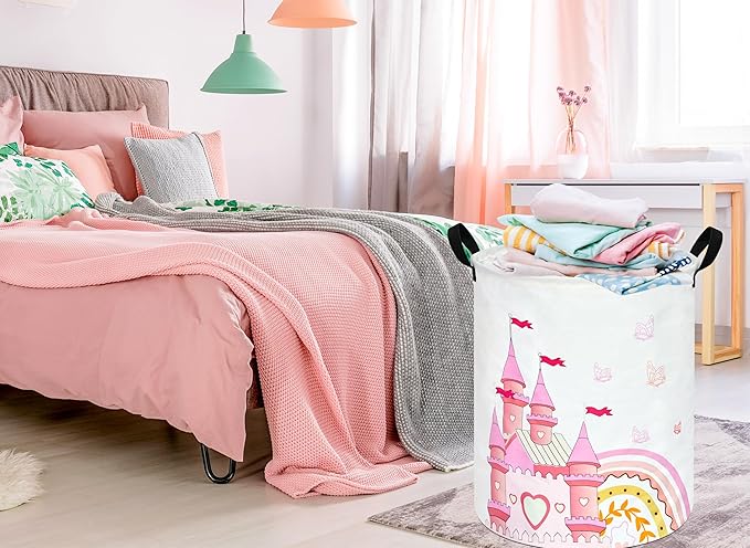 Kids Hamper Pink Castle Storage Bins Organizer Toy Box Laundry Basket Large Canvas Collapsible Chest for Home/Dorm/Kitchen/Pet/Office/Closet/Shelf/Gift Baskets