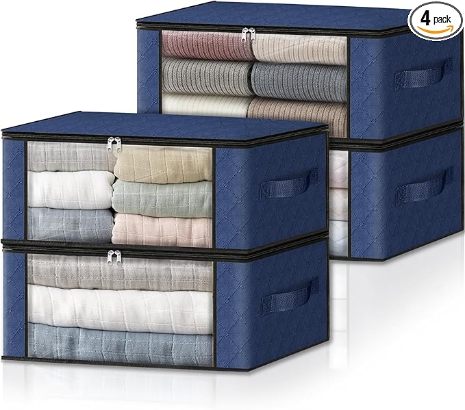 HomeHacks Storage 4-Pack Clothes Organizer Storage Bags Foldable Storage Box with Large Clear Window Sturdy Handles for Closet, Dorm, Pillows, Bedding, Clothes, Blankets, 35L, Blue