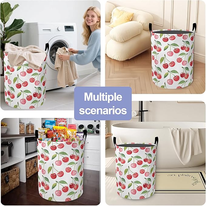 Cute Cherry Laundry Hamper Large Canvas Fabric Lightweight Storage Basket/Dirty Clothes Collapsible Waterproof for College Dorms, Boys and Girls Bedroom, Bathroom