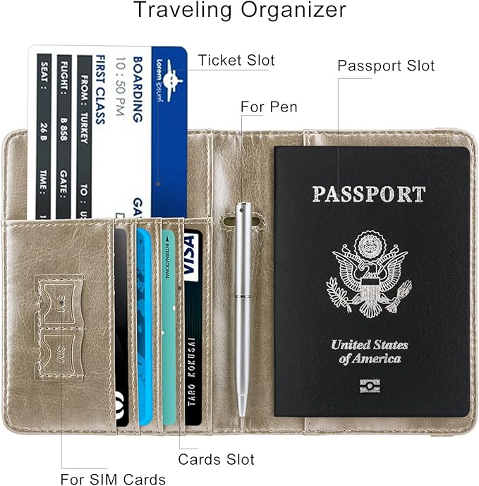 WALNEW Passport Holder for Travel, RFID Passport Cover Wallet for Women Men, PU Leather Passport Book Card Holder Case with Pen, Travelling Essentials for Flying