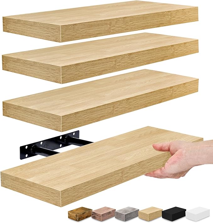 Sorbus 4 Pack Maple Wood Floating Shelves for Wall, Bathroom, Kitchen, Bedroom, Living Room, Bathroom Storage, Over Toilet, Hanging Book Shelf for Wall Home Decor
