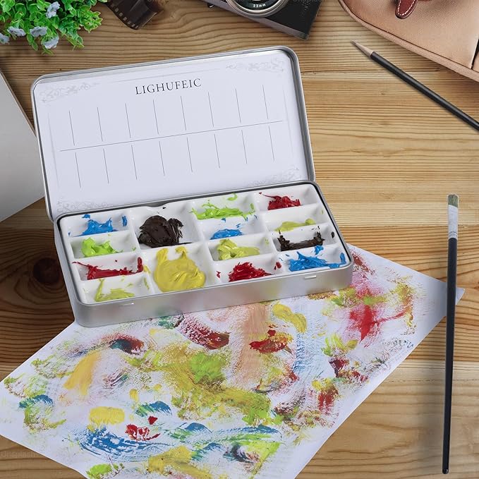 Travel Watercolor Palette,Portable Ceramic Palette with 14 Well,Metal Paint Box with Porcelain Palette(Silver Box)