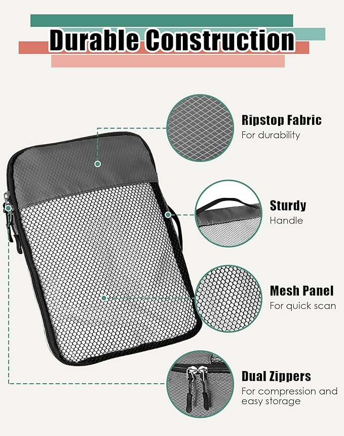 4-Piece Packing Cubes Travel Accessories Set for Suitcases - Luggage Organizer Bags with Double Zipper - Mesh Top - Large - Dark Grey