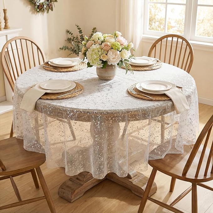 Horaldaily White Silver Gauze Tablecloth 60x60 Inch Round, Silver Sequin Glitter Metallic Foil, Sheer Tulle Cheesecloth for Wedding Baby Shower Ceremony Birthday