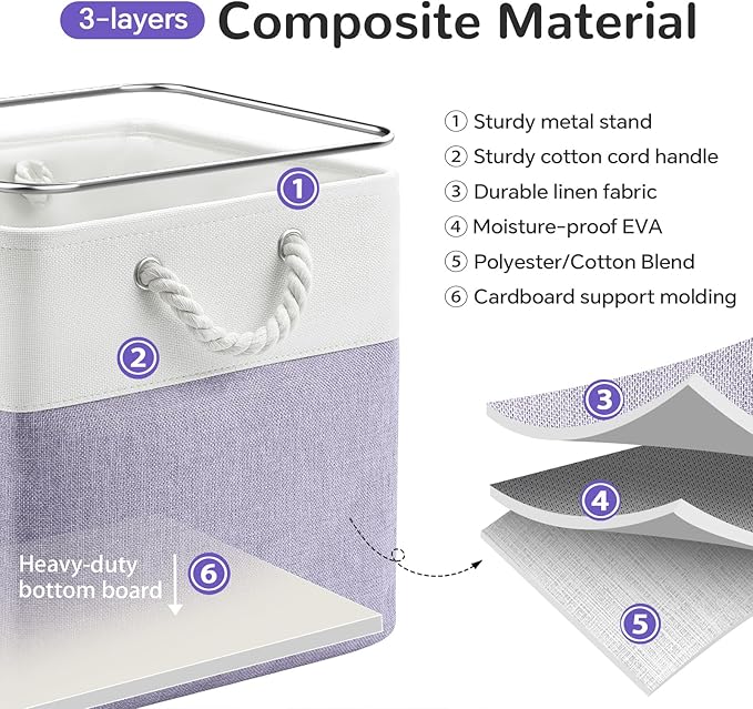 VQRTEXA 13 x 13 Inch Cube Storage Bins, 6 Pack Fabric Storage Basket with Handles, Foldable Boxes Organizer for Shelf Baskets for Home, Clothes (White/Purple)