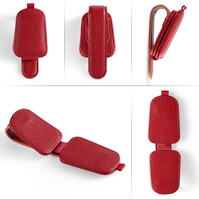 SINGARO Sunglasses Holder for Car, Leather Magnetic Buckle Sun Visor Sunglass Clip, Ticket Card Storage Glasses Clip, Car Interior Accessories for Men and Women（2PCS Red）