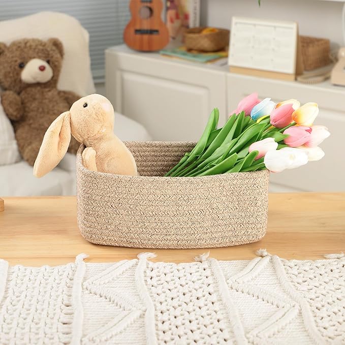 MiniArk Small Storage Baskets for Organizing | Closet Organizer Bins | Shelf Toy Basket | Woven Rope Baskets | Cube Decorative Box | Shallow Basket | 11.5x7.5x4.7” | 3 Packs Mixed Brown