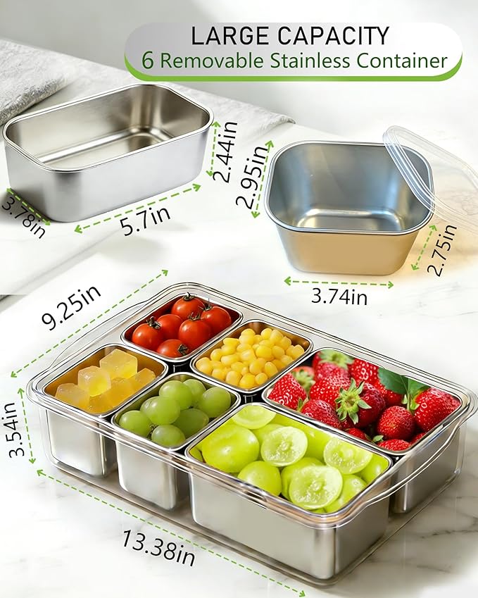 Snackle Box Container, Stainless Steel Divided Serving Tray with Lid and Handle, Large Snack Tray for Fruit Veggie Candy, 6-Compartment Snack Platter for Travel Party Beach Picnic
