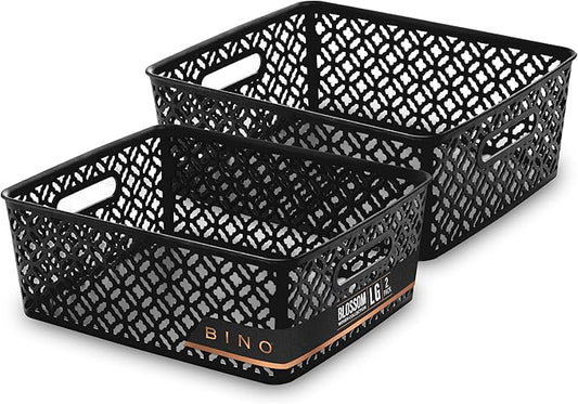 BINO l Plastic Storage Baskets, Large - Black | THE BLOSSOM COLLECTION l Multi-Use Organizer Bin l Built-in Handles l Plastic Woven Basket for Organizing l Pantry & Home Organizing Basket